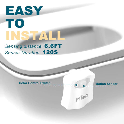 Close-up of toilet LED light with motion sensor, showcasing easy installation and sensing distance for convenience.