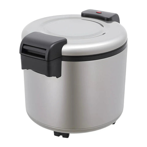 Psufurv Electric Rice Warmer With Non Stick Inner Pot And Spoon Keep Warm Function Auto Cooker For Perfect Fluffy Grains Easy Clean Home Kitchen Appliance in silver with black lid.