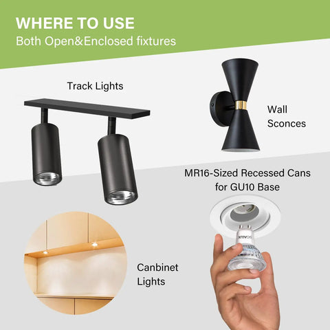Various lighting fixtures using GU10 Dimmable LED Bulbs Daylight 5000K Four Point Five Watt 450 Lumen MR16 Style Spotlight