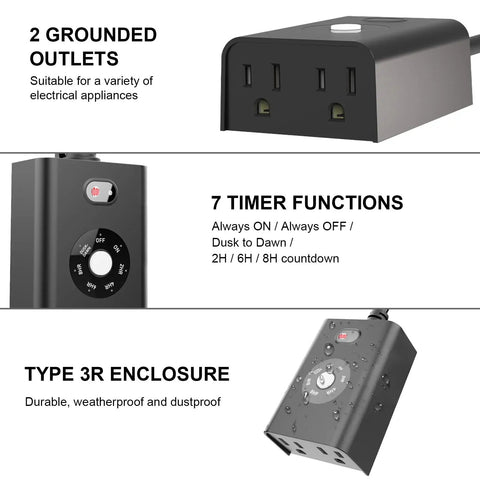 Outdoor Timer With Auto Light Sensor Dusk To Dawn, Waterproof Plug-In Socket With Two Grounded Outlets For Holiday Decor, close-up of timer panel showing functions.