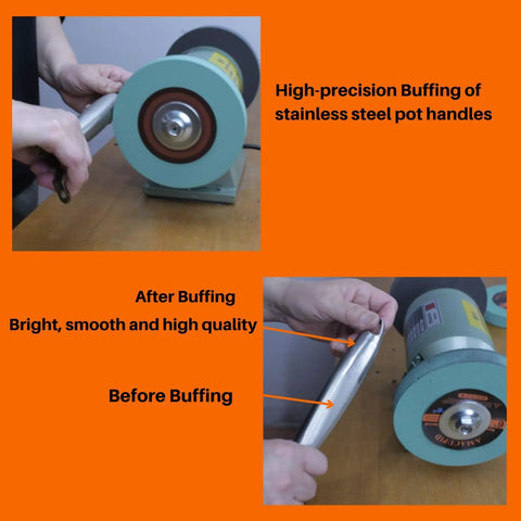 Premium Elastic Polyurethane Buffing Wheels 6 Inch 2000 Grit on stainless steel pot handles during high-precision buffing.