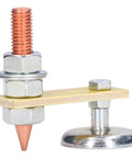 Heavy Duty Magnetic Ground Clamp For Welders That Grips Tight To Any Metal Surface, Super Easy Setup, Adjustable Jaw Design Keeps Your Workpiece Locked Down Securely So You Can Focus On Your Welding Job Without Worrying About Slipping Or Losing. Close-up of a magnetic ground clamp with a metal base and copper topped bolt.