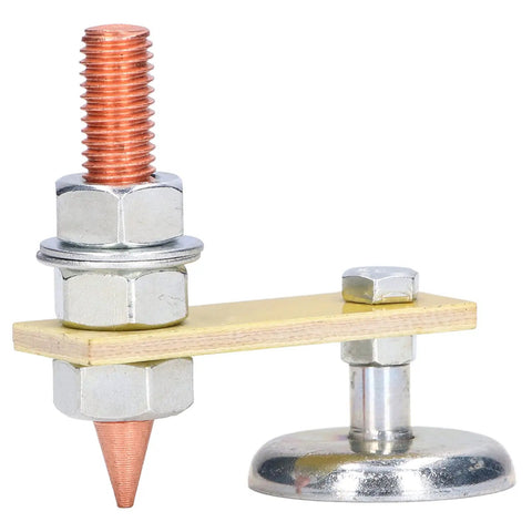 Heavy Duty Magnetic Ground Clamp For Welders That Grips Tight To Any Metal Surface, Super Easy Setup, Adjustable Jaw Design Keeps Your Workpiece Locked Down Securely So You Can Focus On Your Welding Job Without Worrying About Slipping Or Losing. Close-up of a magnetic ground clamp with a metal base and copper topped bolt.