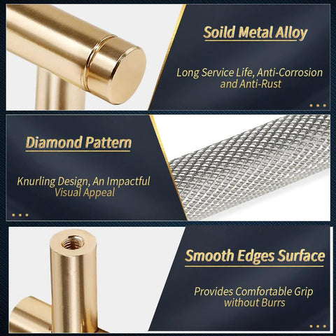 Close-up of Knurled Cabinet Pulls 12 Pack, 6 Inch Long Metal Door And Drawer Pulls in Grey And Gold Finish showing solid metal alloy and diamond pattern texture.