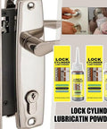 Close-up of lock cylinder with lock lubricant powder and application demonstration, emphasizing before and after effects.