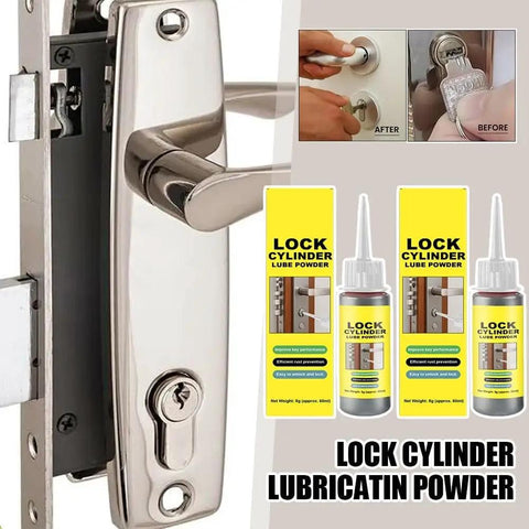 Close-up of lock cylinder with lock lubricant powder and application demonstration, emphasizing before and after effects.