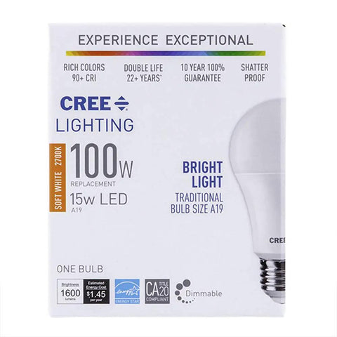 Box of A19 LED Bulb 100W Equivalent, 1600 Lumens, Dimmable Soft White 2700K, 90+ CRI, 25,000 Hour Rated Life, Shatterproof Plastic, 1 Pack