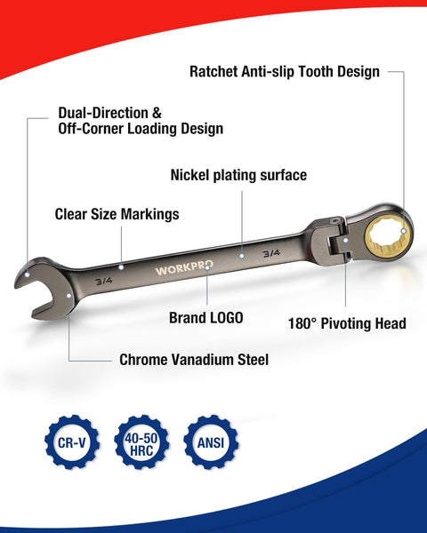 Eight Piece Flex Head Ratcheting Wrench Set For SAE Five Sixteenths To Three Quarters Inch With 72 Tooth Ratchets CR V Construction Nickel Plated Durable Organizer Bag Included For The Garage Boss