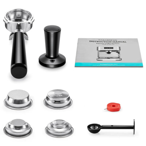 Pro Level 20 Bar Espresso Maker With Rapid Flashheat Brewing Fast Steam Wand For Silky Milk Drinks Zero Fuss accessories including portafilter, tamper, and manual.