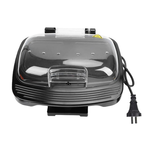 Haofy 1000W Electric Indoor Grill Panini Press With Removable Plates compact design front view with lid and plug visible.