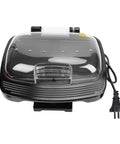 Get A Top-Notch 1000W Electric Contact Grill For Sizzling Burgers And Panini, black nonstick grill with clear lid and power cord.