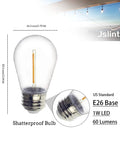 S14 LED Outdoor String Light Bulbs 2200K Warm White Shatterproof Edison Vintage Style E26 Base, close-up view of bulb and base