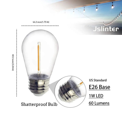 S14 LED Outdoor String Light Bulbs 2200K Warm White Shatterproof Edison Vintage Style E26 Base, close-up view of bulb and base