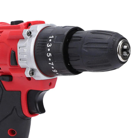 Close-up of Rig Ready Dual Battery Cordless Drill Driver Kit with keyless chuck and adjustable clutch settings.