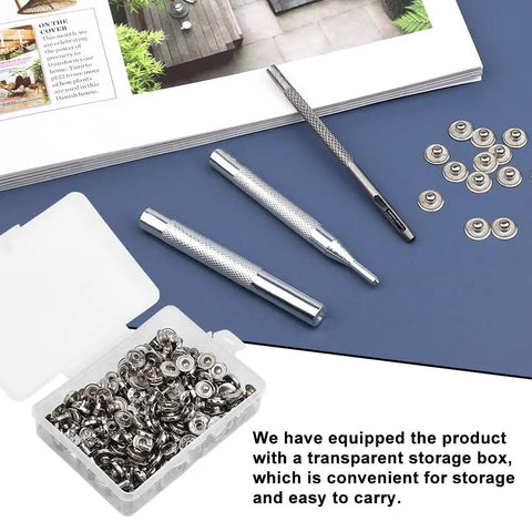 Top Shelf 50 Pair Leather Snap Fastener Kit 10Mm Silver Metal Snaps Straight Up with tools and storage box for easy use.