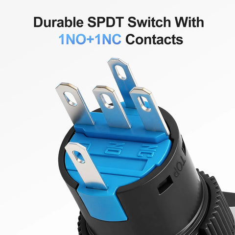Close-up of LED Momentary Push Button Switch 16mm 24V DC with 1NO+1NC SPDT contacts, showing 5-pin design and connectors.