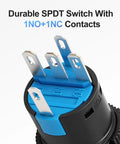 Close-up of Five Pack Sixteen Millimeter Latching Push Button Switches With Beefy Blue Rectangular Caps And 12V DC LED Indicator.