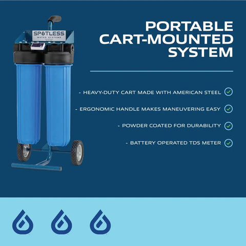 Portable deionized water system for cars, RVs, boats, planes and more, mounted on a blue cart with two DI cartridges.