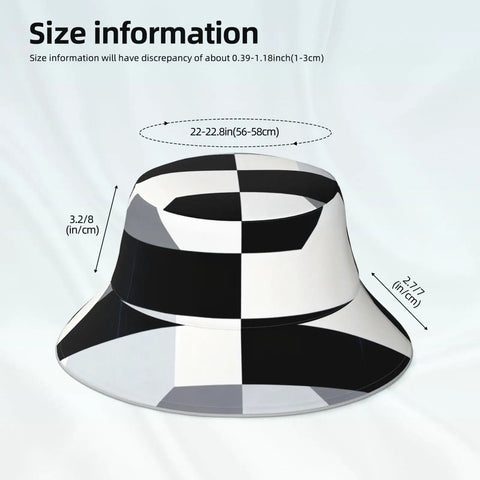 Fire Black And White Piano Grid Print Bucket Hat With Double Sided Reflective Trim Unisex Lightweight Polyester Sun Shield Cap dimensions shown on display.