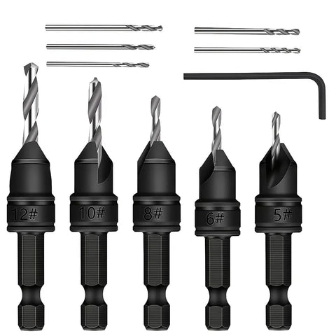 Five Piece HSS Drill Bits Set With Countersink And Replaceable Bits For Woodworking Quick Change Chamfered Countersink Drill Bits