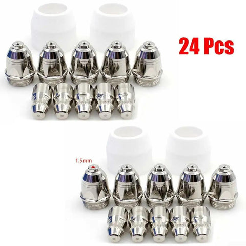 24 pcs Plasma Cutting Torch Consumables Kit for P80 Style Lotos LTP8000 80A displaying electrodes, nozzles, and shield cups.