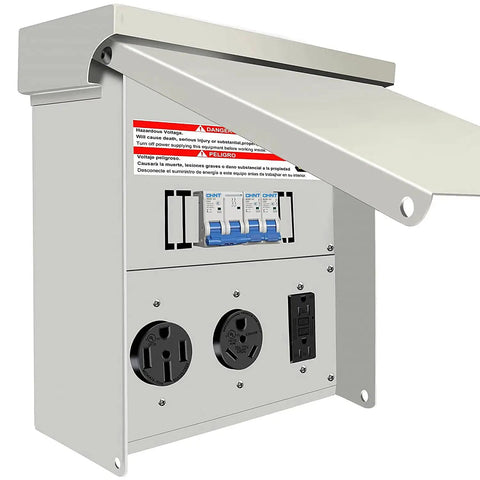 Weatherproof Temporary Power Outlet Panel For RVs And Construction Sites With 20 30 50 Amp Receptacles Prewired And Breaker Equipped