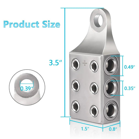 Heavy Duty Battery Post Terminals For One Zero To Six AWG Side Post And Top Post With Bolt Six Way Terminal Design, dimensions shown