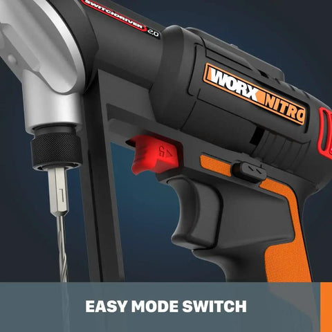 Close-up of Nitro 20V SwitchDriver 2-In-1 Brushless Cordless Drill Driver showcasing easy mode switch and dual chucks