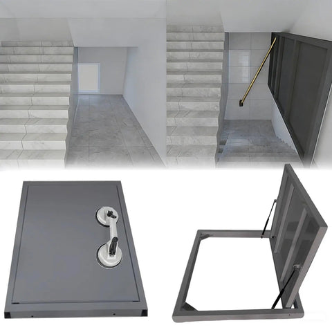 Heavy Duty Recessed Stainless Steel Access Door With Quick Release Suction Handle For Slick Flush Fit Hidden Floor Hatch And Snug Basement Crawl Space Utility Entry Panel In Matte Black, shown in a home entrance.