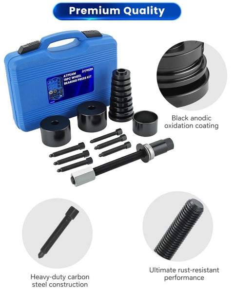 19 Piece Universal Front Wheel Drive Bearing Puller Kit For Front Wheel Hub Removal And Bearing Installation On Vehicles, Pro Grade Heavy Duty Carbon Steel Construction, Keeps Knuckle And Strut Intact