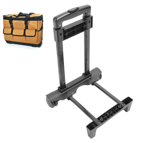 Heavy Duty Folding Hand Truck With 4 Wheels And Detachable Tray, black frame and wheels for easy transport of tools.