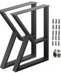 K Shaped 2 Tier Metal Table Legs Heavy Duty Desk Leg Set In Black For Industrial Office Dining Tables And Coffee Tables DIY Ready Built To Last Set Of 2 shown with screws and hardware for assembly