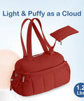 Maroon Lightweight Travel Duffel Bag For Women With Wet Pocket And Luggage Sleeve Puffer Gym Tote displayed with open pocket