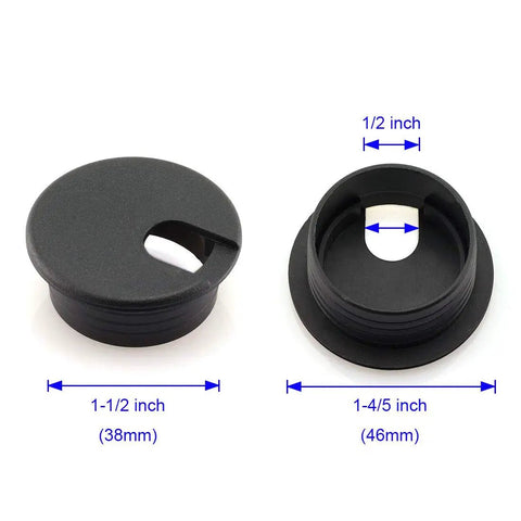 2 Pack 1-1/2 Inch Desk Wire Grommets Hole Covers Black Plastic Cord Organizer with measurements shown