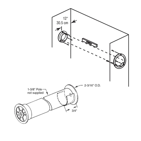 Diagram of white plastic closet pole sockets for one and three eighths inch poles, showing dimensions and installation on wall