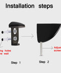 Installation steps for 4 Pack Zinc Alloy Brushed Duckbill Glass Shelf Clamps showing drilling holes and adjusting screw.
