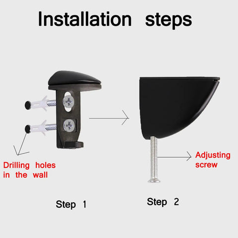 Installation steps for 4 Pack Zinc Alloy Brushed Duckbill Glass Shelf Clamps showing drilling holes and adjusting screw.