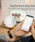 Smart WiFi Wall Light Switch With Glass Panel controlled via mobile app, shown being operated from a smartphone in a living room.