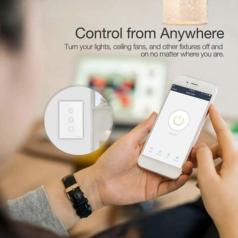 Smart WiFi Wall Light Switch With Glass Panel controlled via mobile app, shown being operated from a smartphone in a living room.