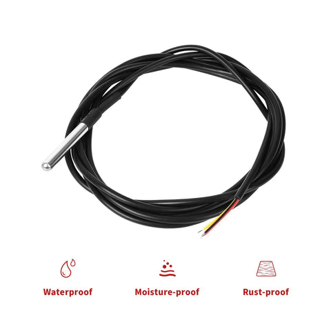 Six Pack DS18B20 Temperature Sensor Probes 2M Waterproof Stainless Steel Temperature Probe Kit For Arduino ESP32 Xiao And Other Development Boards Minus 55C To 125C Range DIY Maker Friendly. Coiled cable and probe with wire ends.