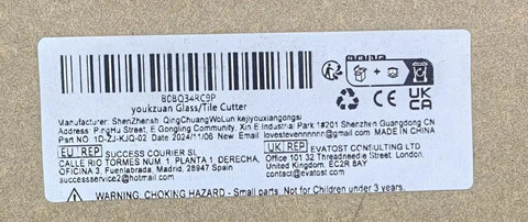 Manufacturer label on Pro Grade Porcelain Tile Cutter Kit With Manual Cutter Large 48 Inch Cut Capability Power Pliers 3 Cutting Blades