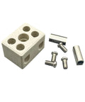 White ceramic terminal block for wires; high-temp porcelain block with 4 screws and metal connectors