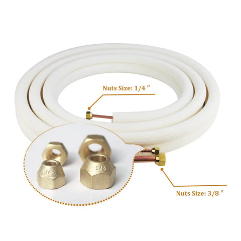 25 Foot Mini Split Line Set Copper Tubing For Ductless AC And Heat Pumps, One Quarter Inch And Three Eighths Inch ODs with Nuts