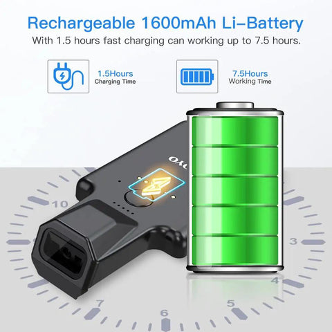 Upgraded Bluetooth Barcode Scanner With Back Clip For iPhone And Android showing rechargeable 1600mAh battery