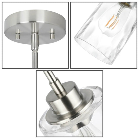 Close-up of Clear Glass Pendant Light With Brushed Nickel Finish, 1 Light Modern Mini Pendant for Kitchen Island