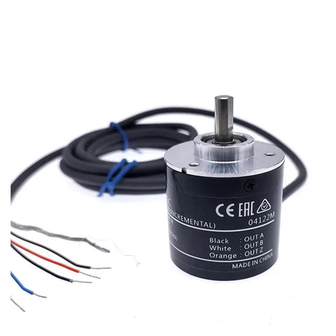 Rotary Encoder 5 24V DC NPN Output Rotary Switch for Industrial Motors with 2m lead cable and rugged metal housing.