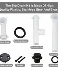No Fuss Matte Black Tub Drain Kit With Overflow Tube Fitting Every Bathtub parts including waste shoe, gaskets, and drain fittings.