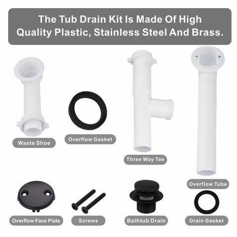 No Fuss Matte Black Tub Drain Kit With Overflow Tube Fitting Every Bathtub parts including waste shoe, gaskets, and drain fittings.