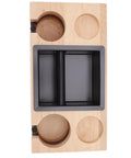 Premium Walnut Wood Coffee Knock Box And Espresso Tamper Stand Holder With Anti Slip Base view from above showing black insert and cup holders.