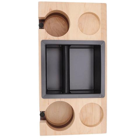 Premium Walnut Wood Coffee Knock Box And Espresso Tamper Stand Holder With Anti Slip Base view from above showing black insert and cup holders.